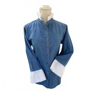 NEW PEARLY VINE women's barbara ann ribbon trim shirt in light denim/white